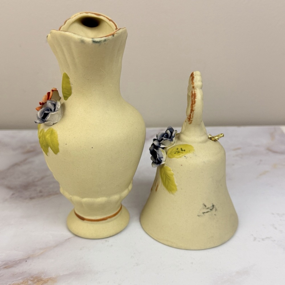 Flambro Porcelain Floral Pitcher Vase Bell Applied Roses Vintage Cottagecore Dec - Picture 4 of 10